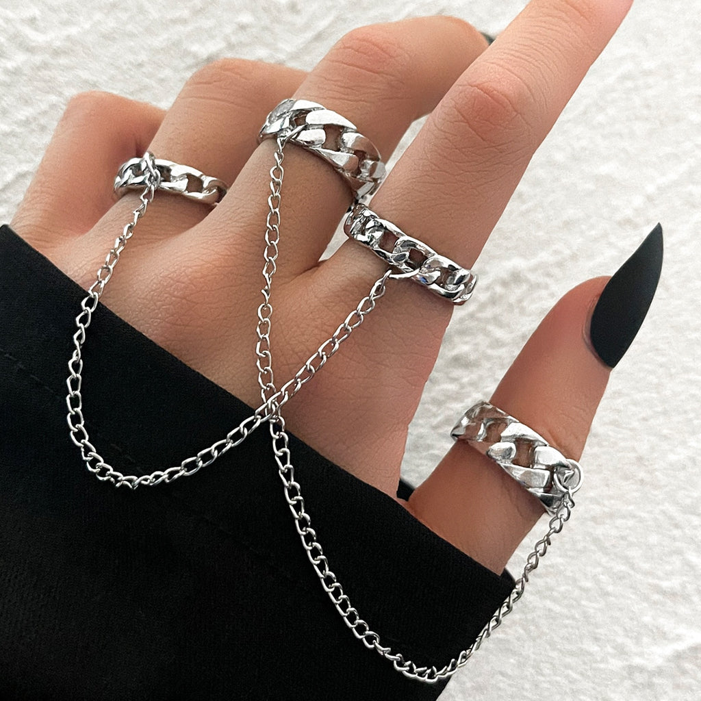 AVEURi 2023 Punk Geometric Silver Color Chain Wrist Bracelet For Men Ring Set Couple Fashion Tassel Chain Jewelry Gifts Pulsera Mujer