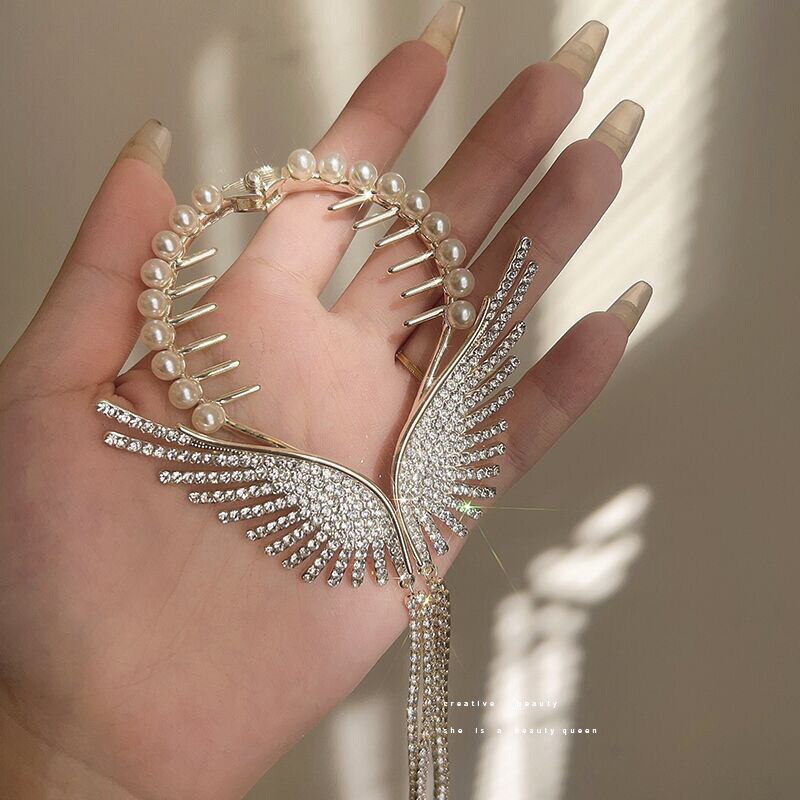 Aveuri Shiny Full Rhinestone Angel Wing Hair Clip Elegant Tassel Pearl Hairpins Ponytail Bun Headbands For Women Girls Hair Accessories