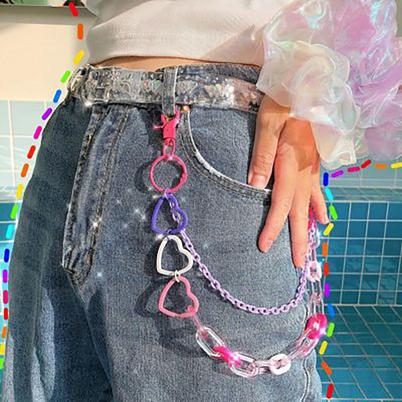 Aveuri 2022 Vintage Colorful Heart Flower Key Chain For Women Girl Punk Cool Transparent Waist Pants Keychain Trendy Accessories Jewelry New