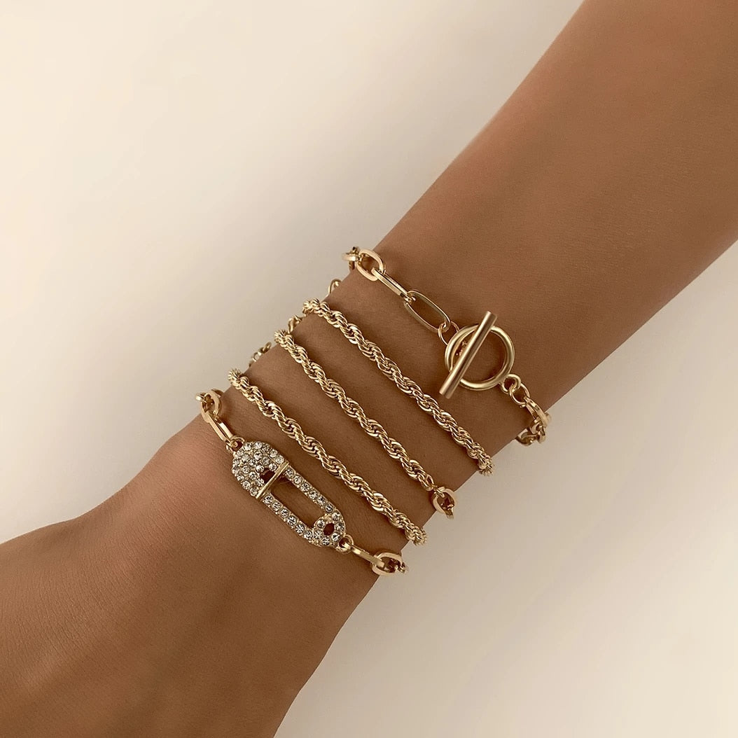 Aveuri Fashion Statement Heavy Metal Bangle Bracelet Trendy Gold Color Copper Chain U Link Crystal Bracelet Pulseras Women Bijoux Gift