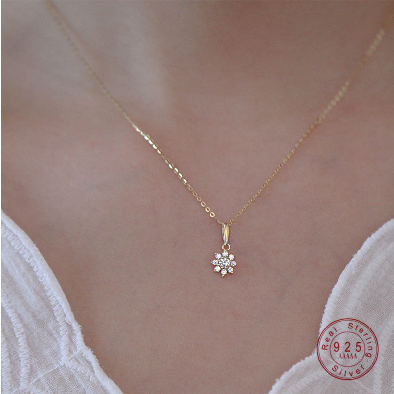 HI MAN 925 Sterling Silver Plating 14K Gold Korean Crystal Flower Pendant Necklace Women Temperament All-Match Jewelry