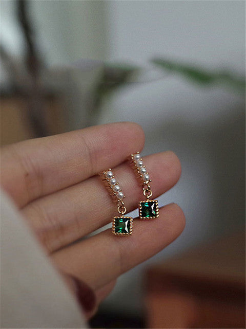 HI MAN 925 Sterling Silver Green Zircon Geometric Pearl Stud Earrings Women Noble Elegant Friendship Jewelry