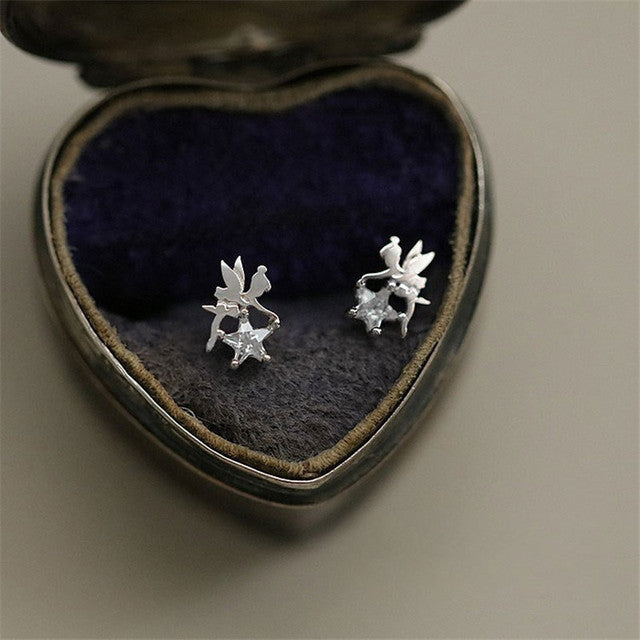 HI MAN Korean INS Shiny Zircon Star Elf S925 Sterling Silver Stud Earrings Women Lucky Charm Banquet Jewelry