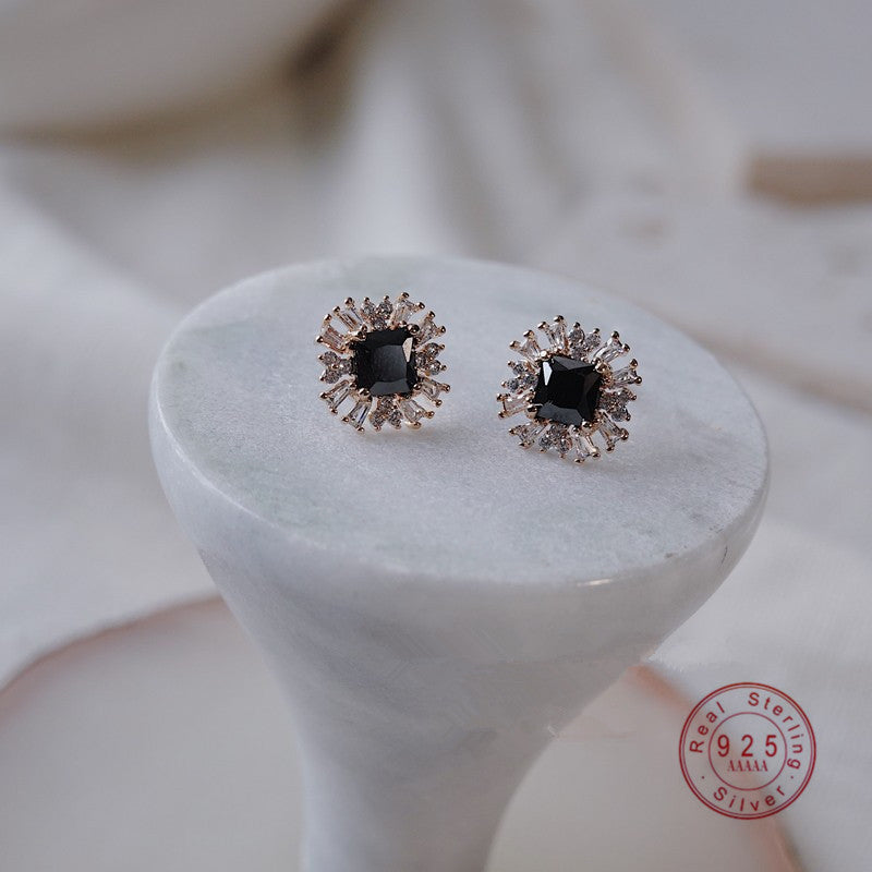HI MAN 925 Sterling Silver Heart Black Zircon Geometry Stud Earrings Women  Fashion Noble Jewelry Accessories