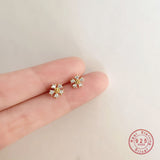 HI MAN 925 Sterling Silver Real Gold Plating 14K Gold Korean Crystal Flower Stud Earrings Women Small Simple Party Jewelry