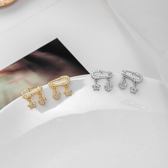 HI MAN 925 Sterling Silver Pavé Crystal Paper Clip Heart Star Stud Earrings Women Creative Personality Jewelry